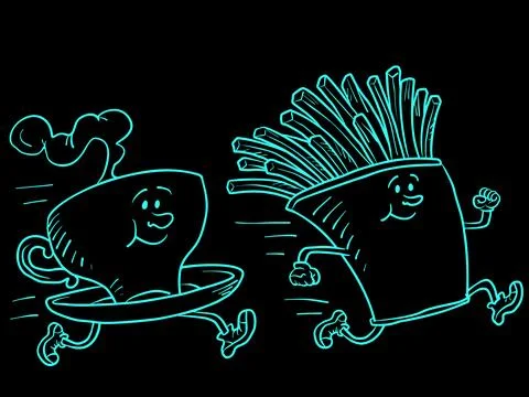 A hot cup of coffee or tea and french fries. Fast food characters running, doing Stock Illustration