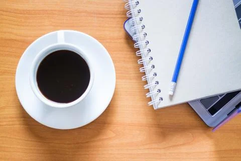 Hot Cup Of Coffee On Working Table Stock-Fotos