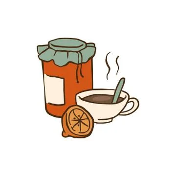 Hot cup of tea, marmalade jam jar and slice of lemon - cozy winter drink Stock Illustration