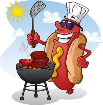 Hot Dog Cartoon Grilling On A Sunny Summer Day Stock Illustration
