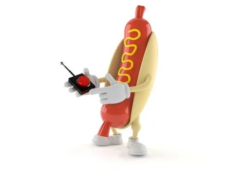 Hot dog character pushing button on white background Stock Illustration