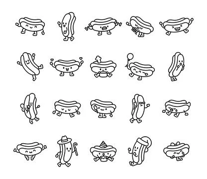 Hot dog character set with charming emotions イラスト素材