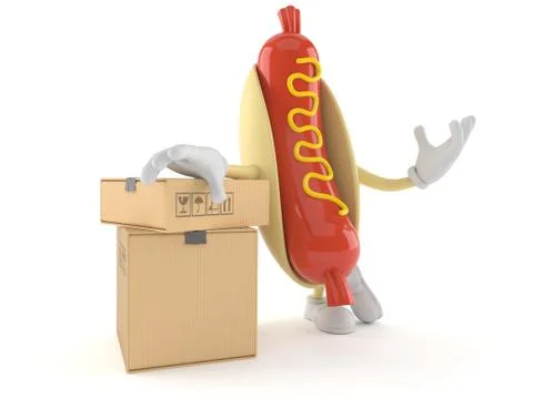 Hot dog character with stack of boxes Illustrazione stock