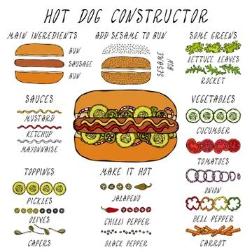 Hot Dog Constructor. Set of Fast Food Menu Ingredients. Hand Drawn High Quality Stock Illustration