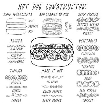 Hot Dog Constructor. Set of Fast Food Menu Ingredients. Hand Drawn High Quali Stock Illustration