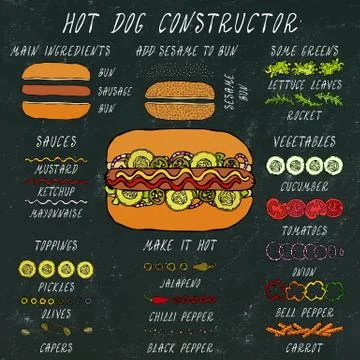 Hot Dog Constructor. Set of Fast Food Menu Ingredients. Hand Drawn High Quali Stock Illustration
