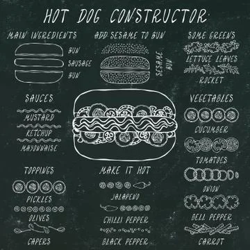 Hot Dog Constructor. Set of Fast Food Menu Ingredients. Hand Drawn High Quali Stock Illustration