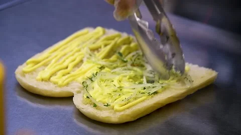Hot dog cooking process, fast food Stock Footage 205062621