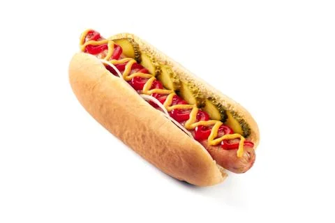 Hot dog with with cucumber and onion on white Stock Photos
