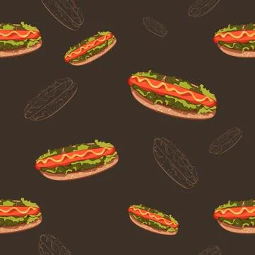 Hot Dog Day vector seamless pattern with buns and sausages. hand drawing on Stock Illustration