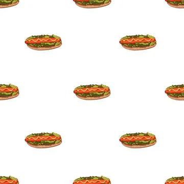 Hot Dog Day vector seamless pattern with buns and sausages. hand drawing on Illustrazione stock
