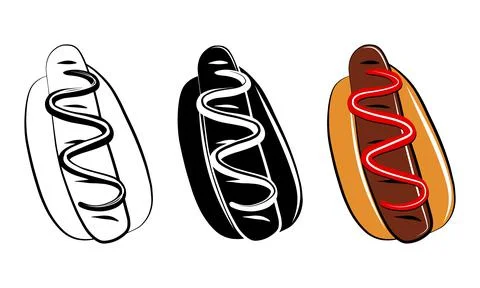 Hot dog isolated vector icon. Fast food cartoon outline sketch set. Package l Stock Illustration