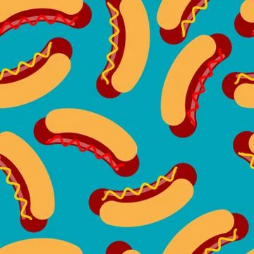 Hot dog pattern. Sausage roll and seamless ornament. Sausage and ketchup text Stock Illustration