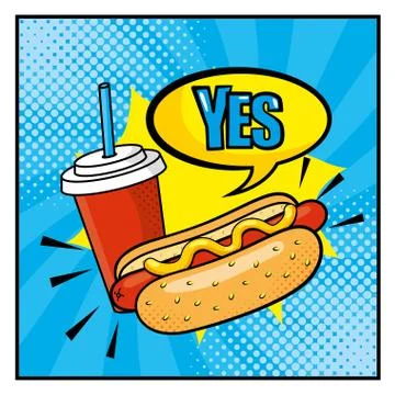 Hot dog with plastic soda cup and yes chat bubble message Stock Illustration