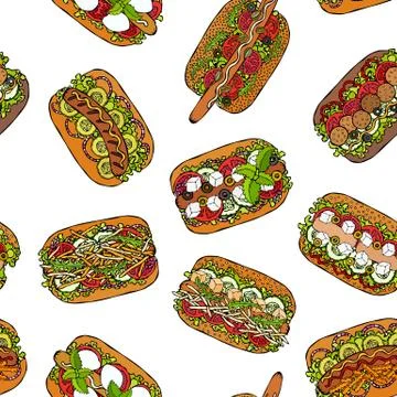 Hot Dog Seamless Endless Pattern. Many Ingredients. Restaurant or Cafe Menu Illustrazione stock