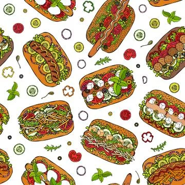 Hot Dog Seamless Endless Pattern. Many Ingredients. Restaurant or Cafe Menu Illustrazione stock