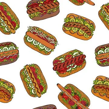 Hot Dog Seamless Endless Pattern. Many Ingredients. Restaurant or Cafe Menu B Illustrazione stock