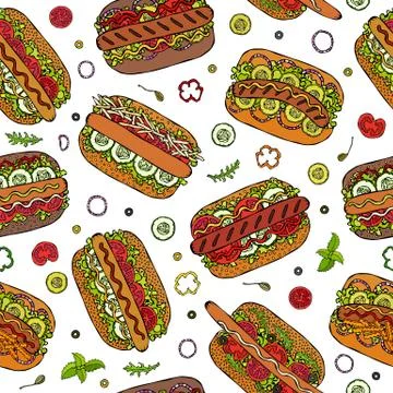 Hot Dog Seamless Endless Pattern. Many Ingredients. Restaurant or Cafe Menu B Stock Illustration