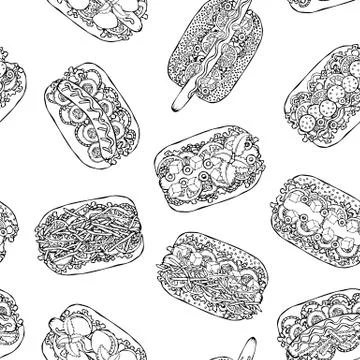 Hot Dog Seamless Endless Pattern. Many Ingredients. Restaurant or Cafe Menu B Stock Illustration