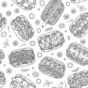 Hot Dog Seamless Endless Pattern. Many Ingredients. Restaurant or Cafe Menu B Stock Illustration