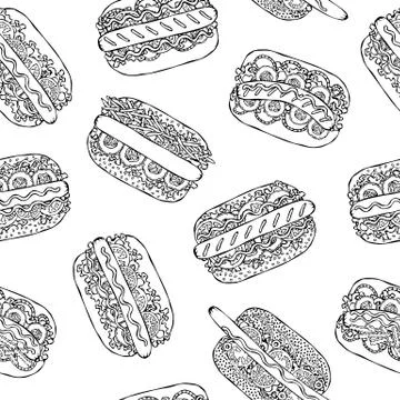 Hot Dog Seamless Endless Pattern. Many Ingredients. Restaurant or Cafe Menu B Illustrazione stock