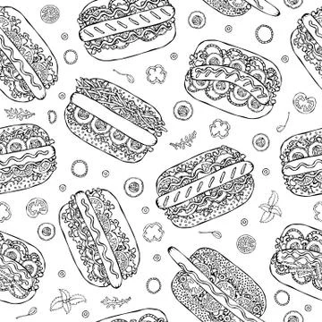 Hot Dog Seamless Endless Pattern. Many Ingredients. Restaurant or Cafe Menu B Stock Illustration