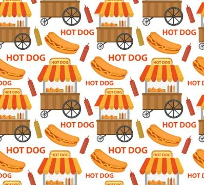 Hot Dog seamless pattern, endless texture. Fast Food repeating background. .. Stock Illustration
