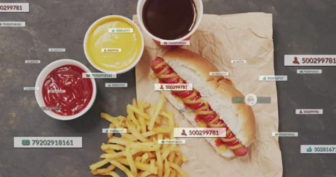 Hot dog staying centered while labels popping, sliding, highlighting sausage and Stock Footage 331634697