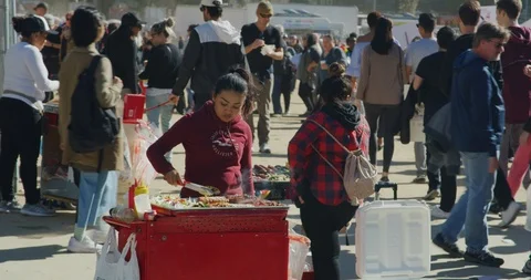 Hot dog vendor at the Women's March in Los Angeles, California. Jan 2018 Stock Footage 99132853