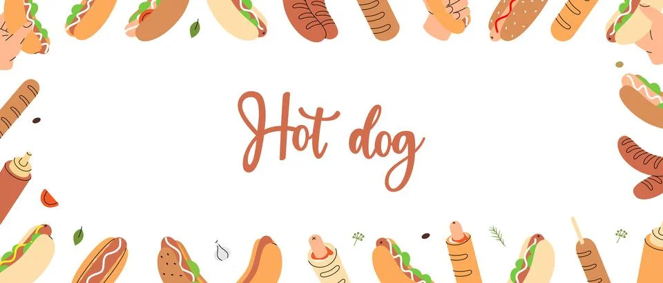 Hot dogs elements in horizontal banner. Tasty fast food. Long buns, sausage Stock Illustration