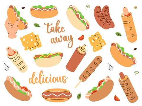 Hot dogs set. Long buns, sausage, vegetables, sauces. Hand drawn elements for Stock Illustration