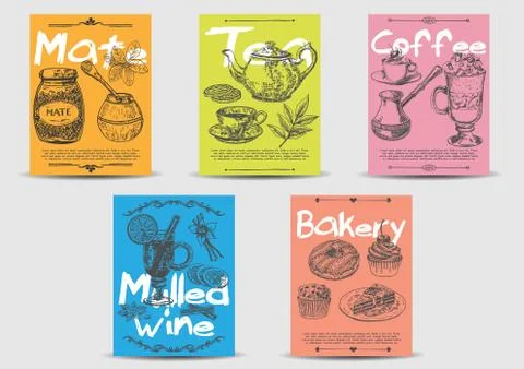 Hot drink card template set. Vector hand drawn Stock Illustration