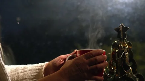 Hot drink in front of window at Christmas Stock Footage 257463523