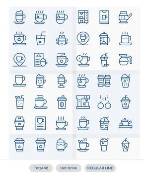 Hot Drink Vector Graphics Pack including 42 Regular Line Retina Ready PIXEL.. Stock Illustration
