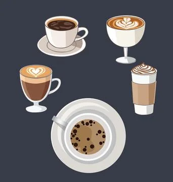 Hot drinks, coffee Different types drinks collection. Stock Illustration