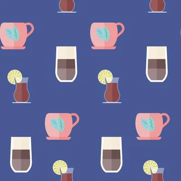 Hot drinks seamless pattern. Isolated on blue background dector illustration. Stock Illustration