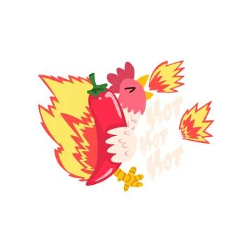 Hot fire chicken with red chilli pepper, creative logo design template vector Stock Illustration
