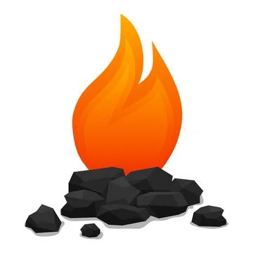 Hot fire flame burning on black charcoal stones heap flat vector Stock Illustration