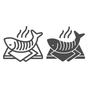Hot fish on cutting board line and solid icon, seafood concept, Hot grilled fish Stock Illustration