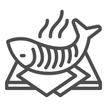 Hot fish on cutting board line icon, seafood concept, Hot grilled fish sign on Stock Illustration