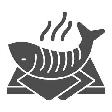 Hot fish on cutting board solid icon, seafood concept, Hot grilled fish sign on Stock Illustration