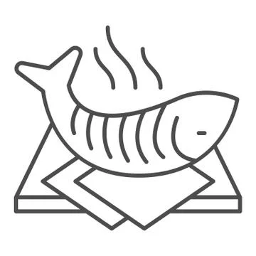 Hot fish on cutting board thin line icon, seafood concept, Hot grilled fish sign Stock Illustration