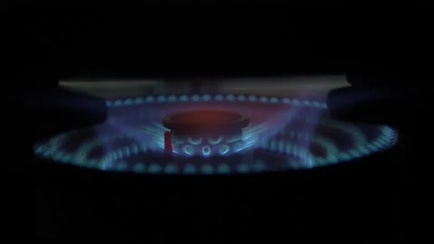 Hot flame fire of gas stove in kitchen Stock Footage 134682547