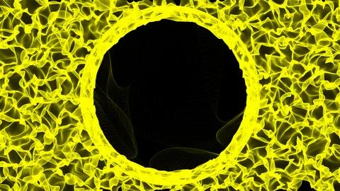 Hot flaming circle with ember. Explosive colored gases and flames on black .. Stock Illustration