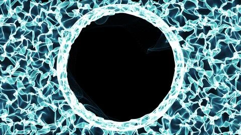 Hot flaming circle with ember. Explosive colored gases and blue flames on bla Stock Illustration