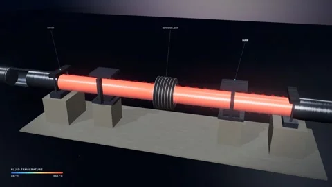Hot fluid lengthening a pipeline and compressing a bellows expansion joint Vidéo 344643239