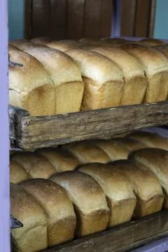 Hot freshly cooked bread is placed in trays in the bakery. Stock Photos