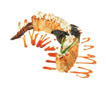 Hot fried sushi rolls in the shape of a dragon. Isolated on white background. Stock Photos