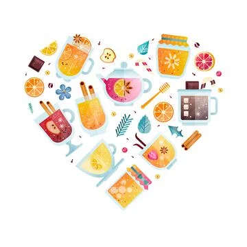 Hot Fruit Drinks in Glass with Mulled Wine and Honey Jar Arranged in Heart Shape Stock Illustration