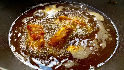 Hot frying pan on fire Stock Footage 252336479